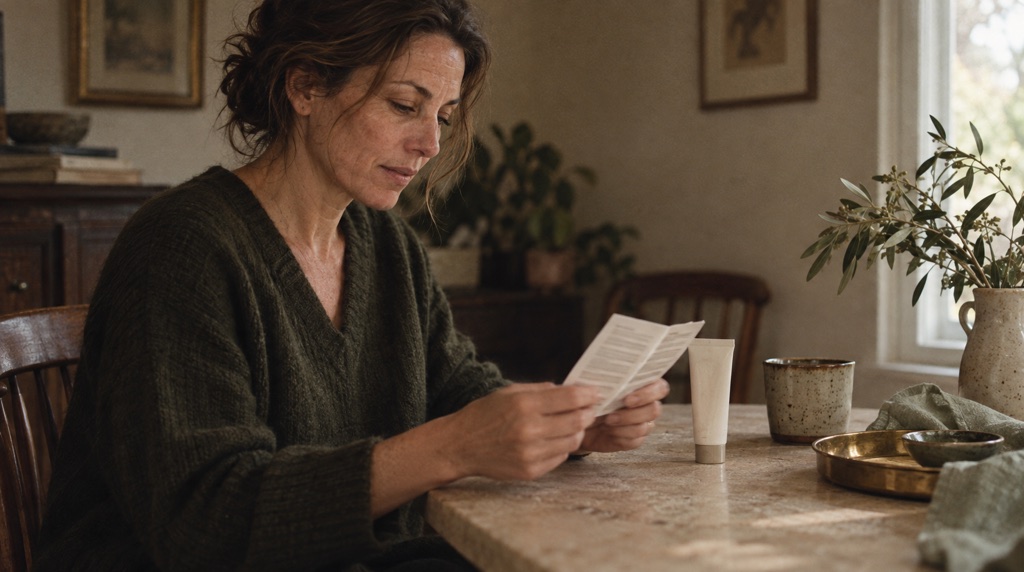 Woman in an olive cardigan reading a skincare instruction leaflet at a wooden table