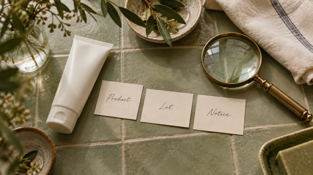 Plain white tube beside handwritten Product, Lot and Notice cards and a brass magnifier