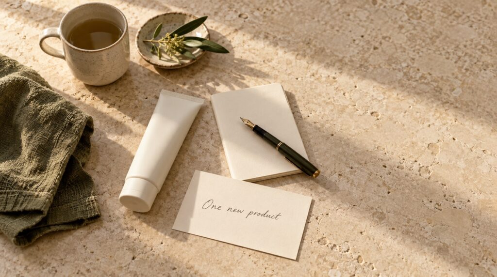 A plain tube, notebook and fountain pen on limestone beside a One new product card