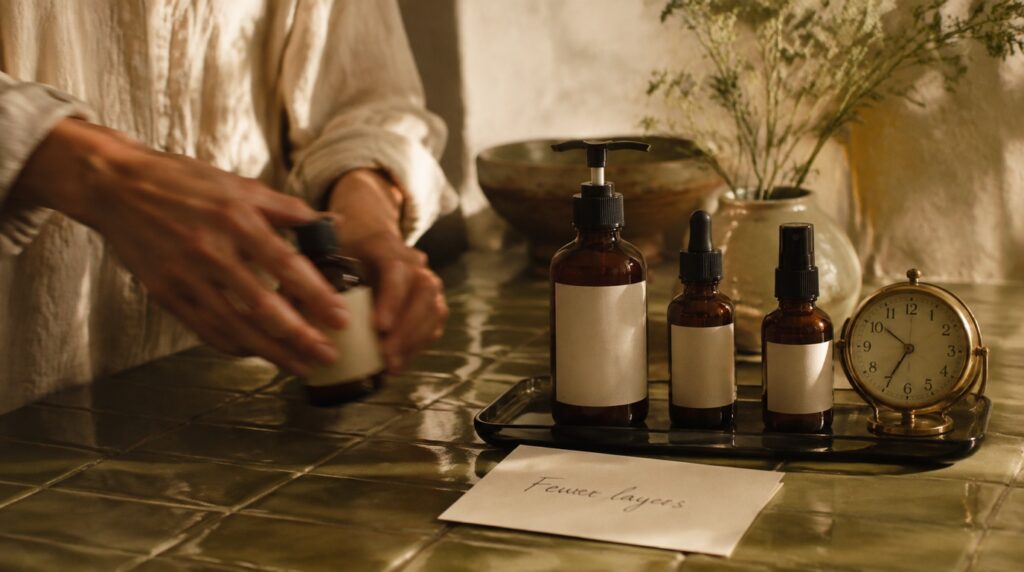 Hands move one bottle away from a skincare tray on olive tiles beside a Fewer layers card