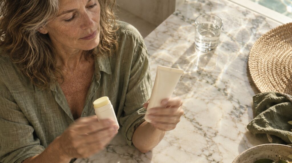Woman comparing a sunscreen stick with a lotion bottle beside handwritten application notes