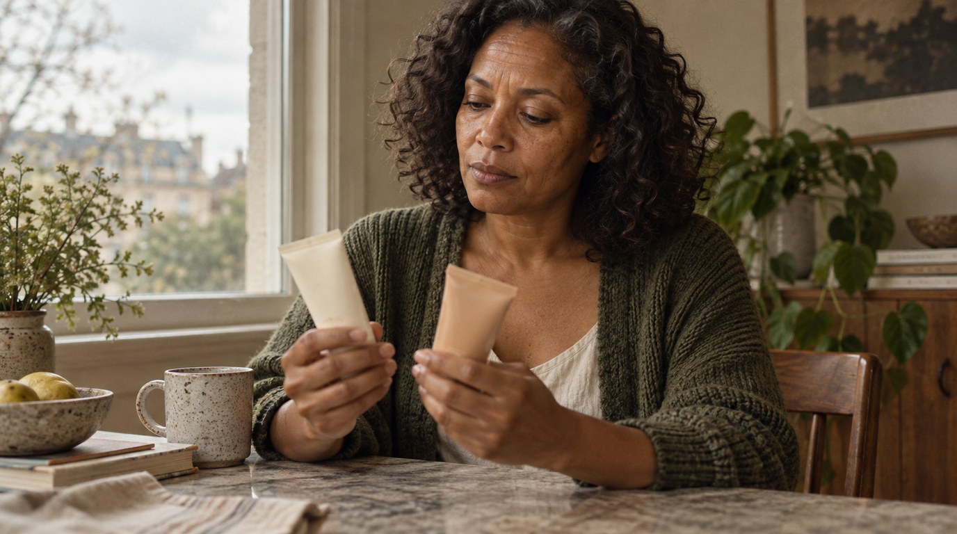 Woman comparing a cream sunscreen tube with a muted tinted tube