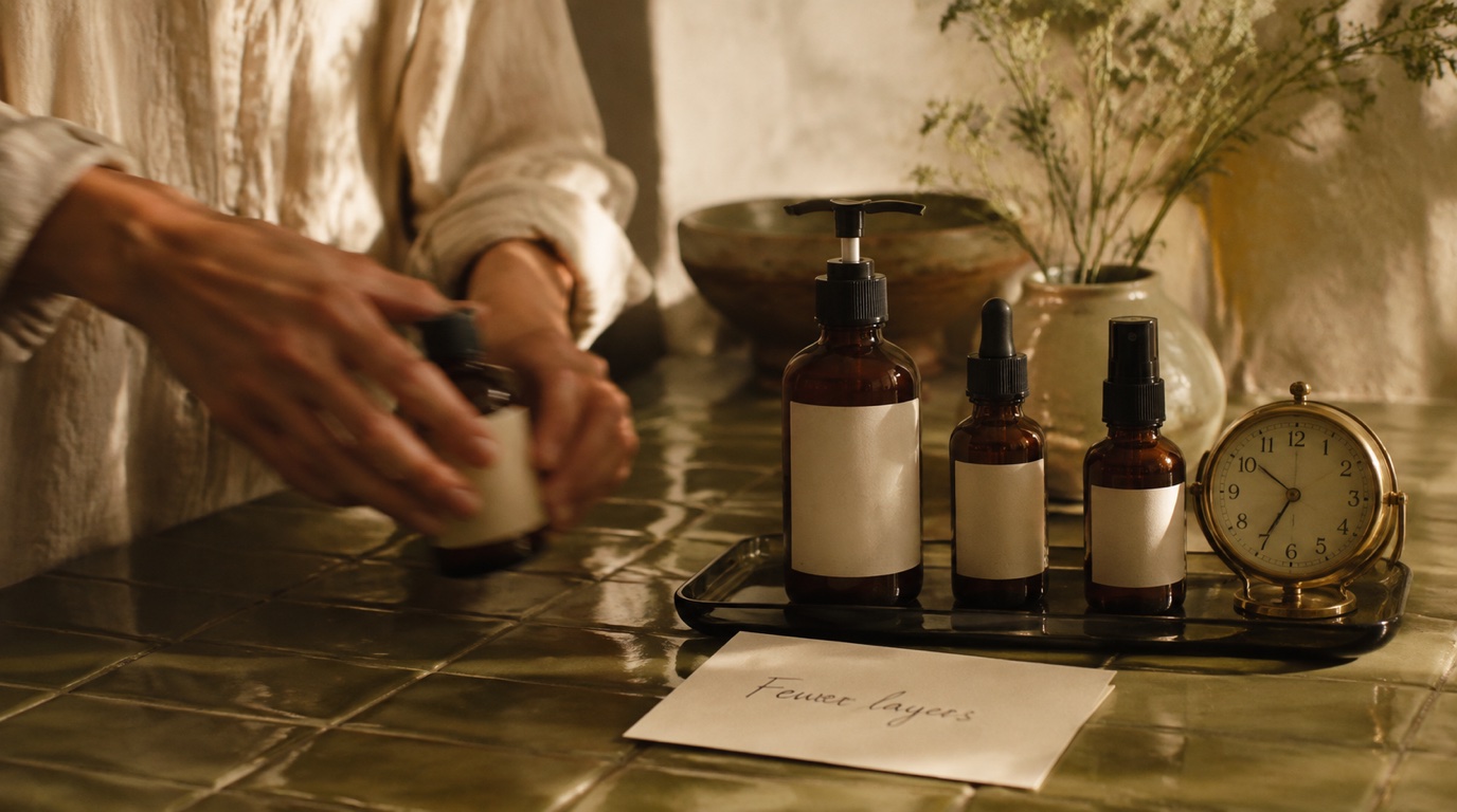 Hands move one bottle away from a skincare tray on olive tiles beside a Fewer layers card