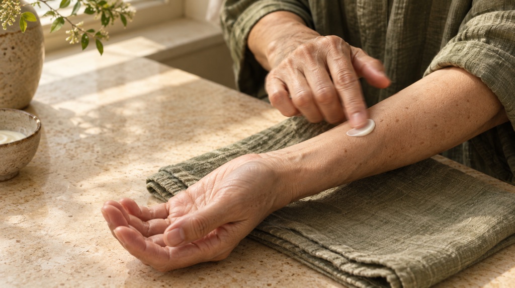 A fingertip places a dab of cream on the inside of the opposite forearm above sage linen