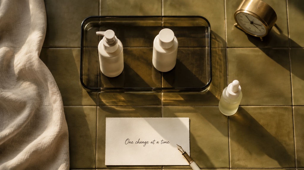 Plain bottles on a smoked glass tray beside a brass clock and a One change at a time card