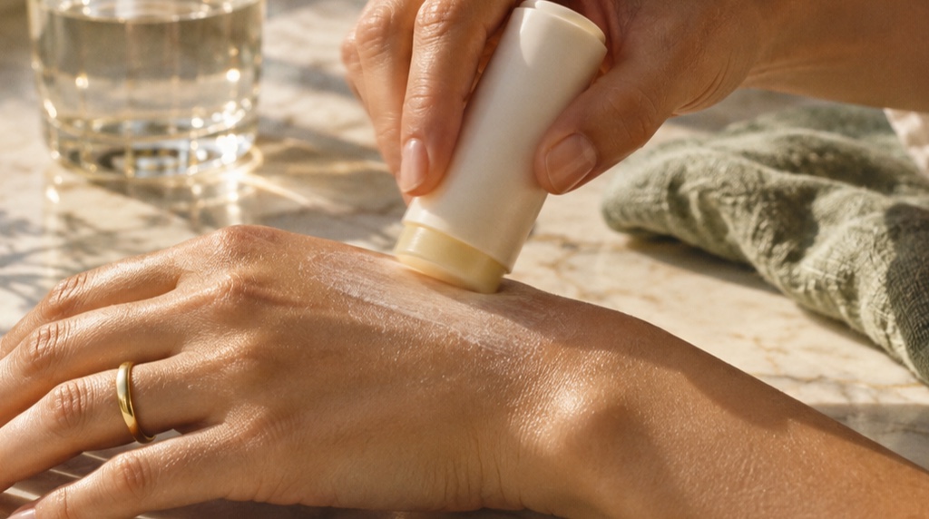 Hands applying an unbranded sunscreen stick in repeated passes to the back of a hand
