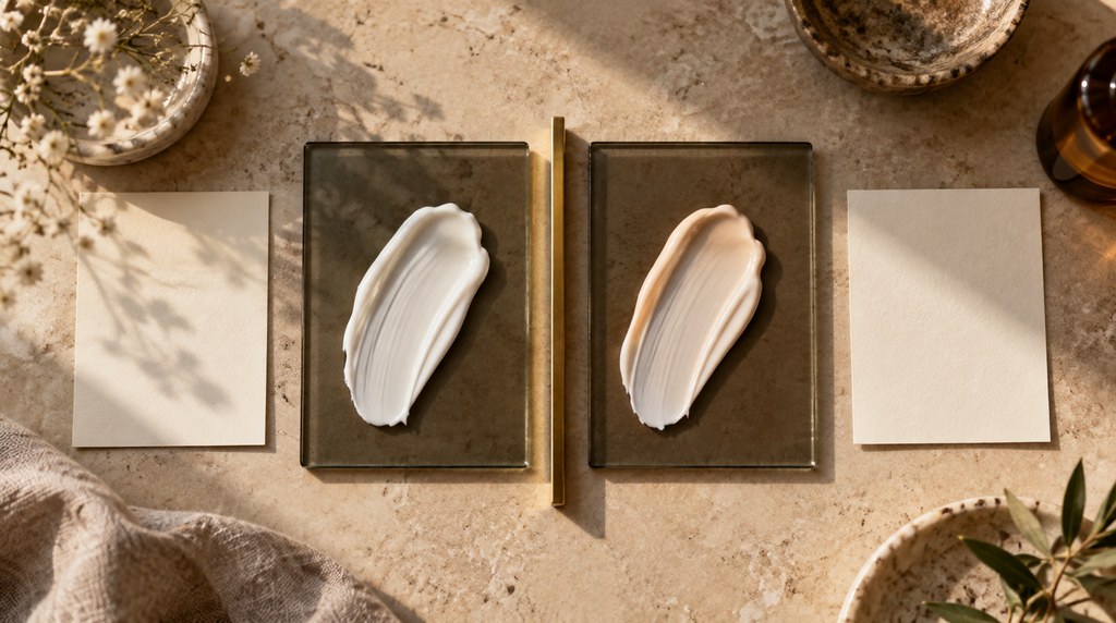 White and tinted cream textures displayed side by side on dark glass