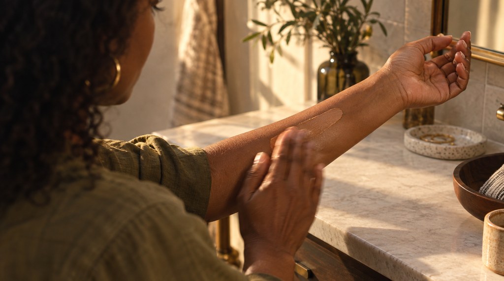 Woman checking how a tinted cream blends on her forearm