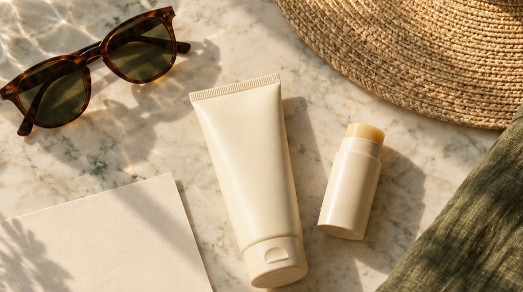 Unbranded sunscreen lotion and stick arranged with a hat, sunglasses and olive shirt