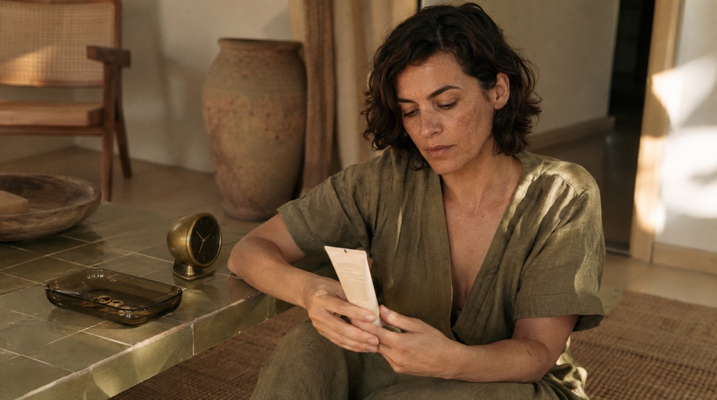 A seated woman reads the back of an unbranded tube beside a low olive tiled table