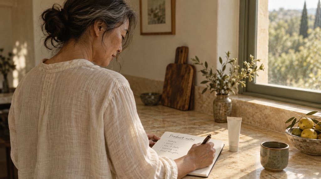 A woman at a limestone counter writes in a notebook headed Product notes beside a plain tube