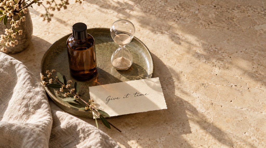 An amber bottle and hourglass on an olive tray beside a handwritten Give it time card