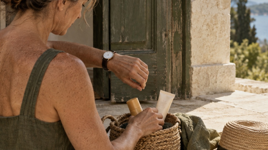 Woman placing sunscreen formats into a woven bag while checking a watch