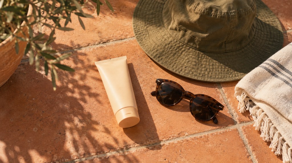 Plain sunscreen tube arranged with a wide-brim hat, sunglasses and cloth