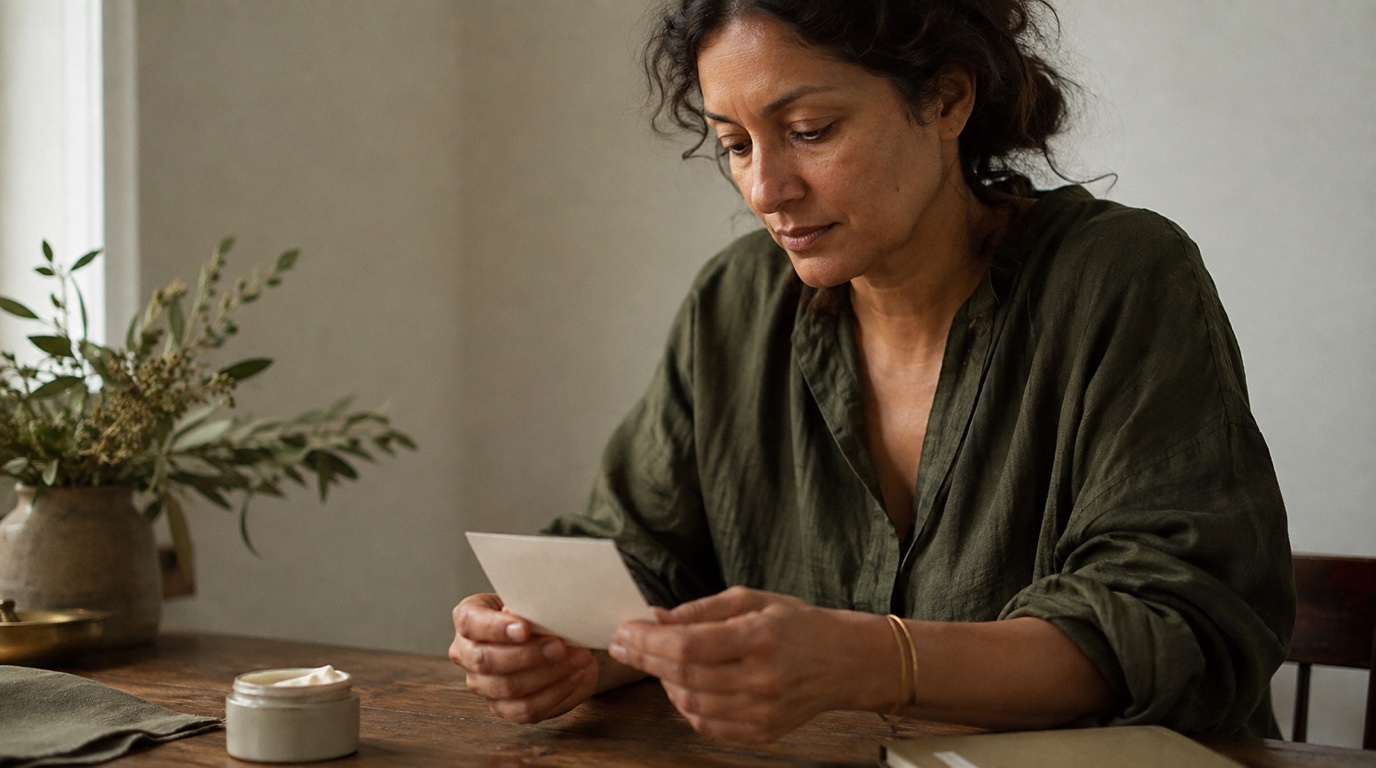 A woman in an olive linen shirt reads a cream card with both hands above a walnut table