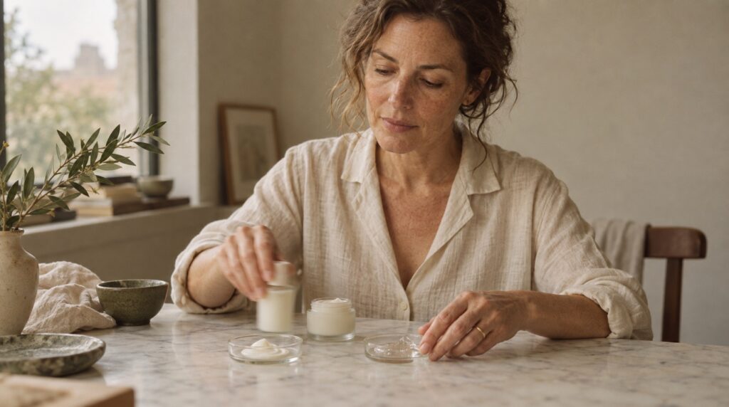 Woman comparing cream textures and plain moisturiser jars at a table.
