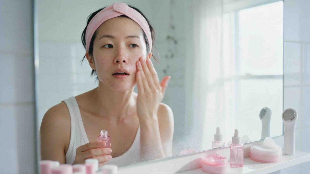 Editorial portrait of a Korean-American woman in her mid 30s standing at a bright bathroom mirror patting a pink serum into her cheek with flat fingertips her hand softly blurred mid-motion in cool clean morning daylight