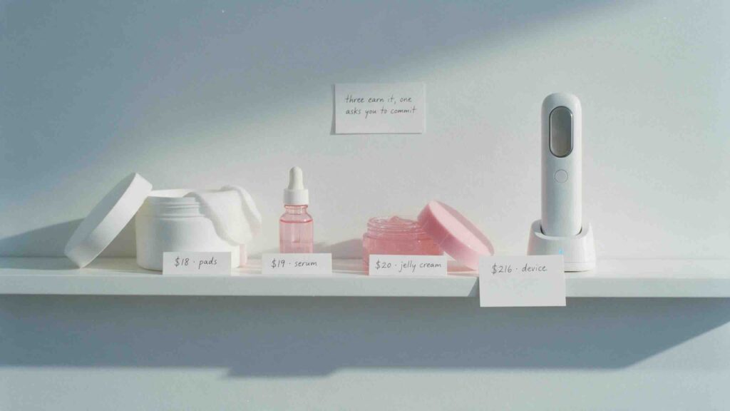 Straight-on still-life of a narrow white bathroom shelf holding four K-beauty products arranged in routine order pads serum jelly cream and a handheld device with small price cards propped in front of each