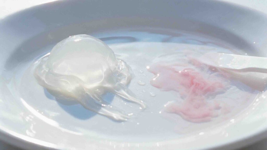 Overhead macro still-life on a shallow water surface in a white ceramic dish of a scoop of translucent jelly cream and a pool of pink serum photographed as they meet the water in bright cool daylight