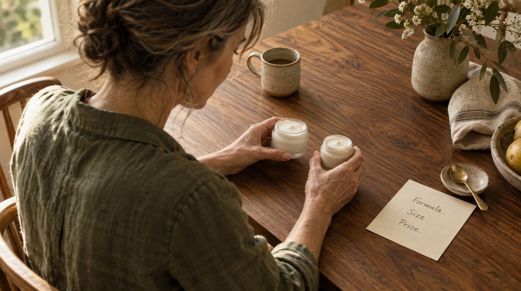 Woman comparing two unbranded cream jars beside a handwritten Formula, Size, Price card