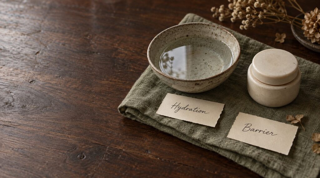 A water bowl and closed ceramic jar on walnut beside handwritten Hydration and Barrier cards