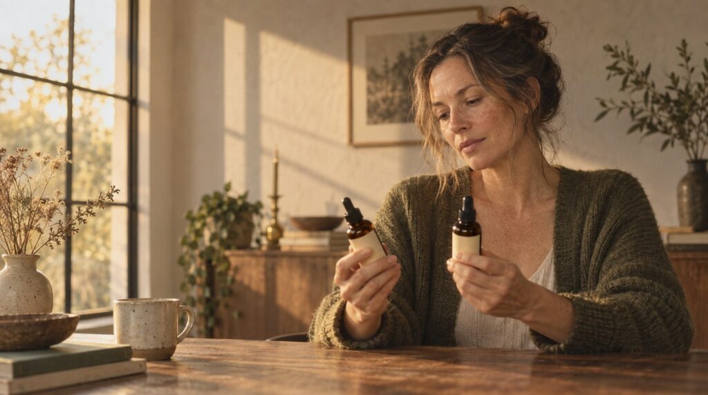 Woman comparing two plain amber skincare bottles at a walnut table