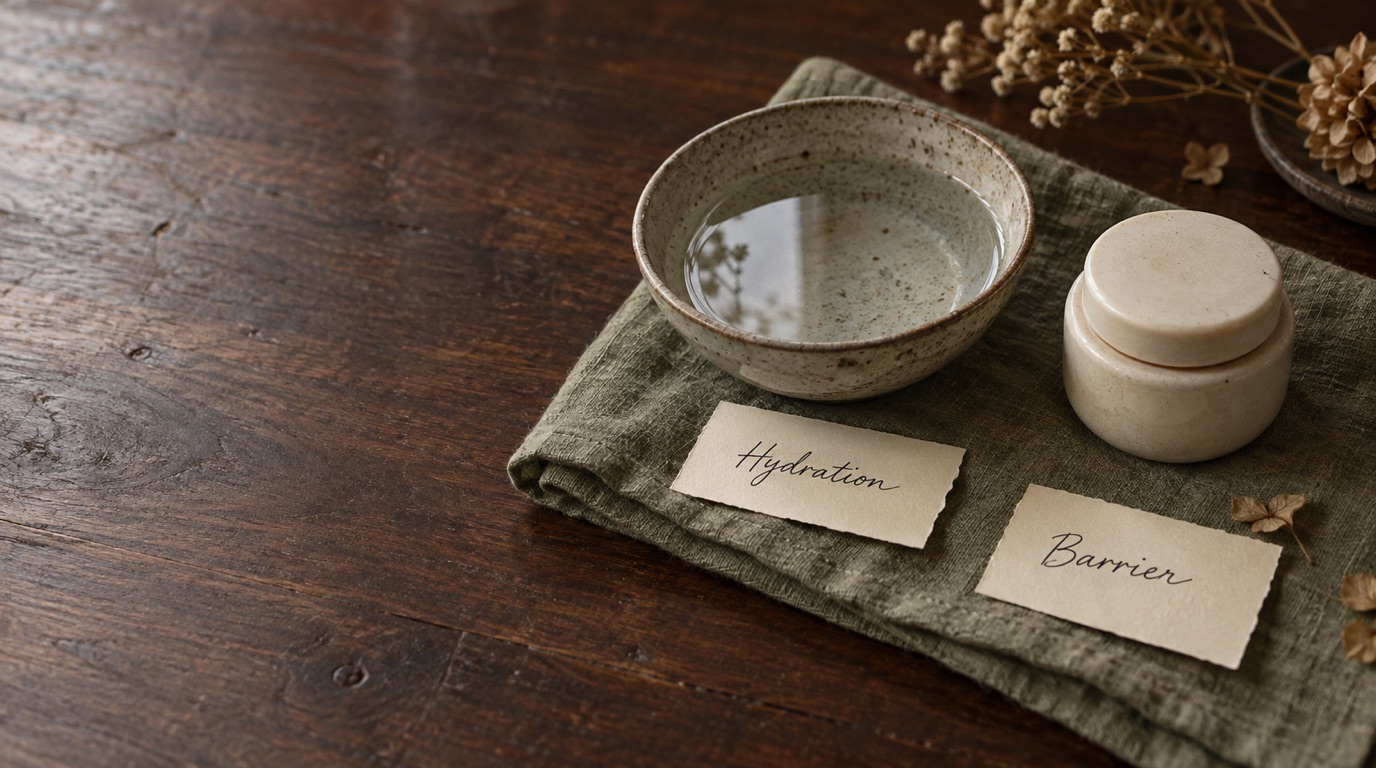 A water bowl and closed ceramic jar on walnut beside handwritten Hydration and Barrier cards
