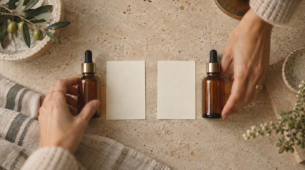 Hands arranging two amber bottles for a side-by-side comparison