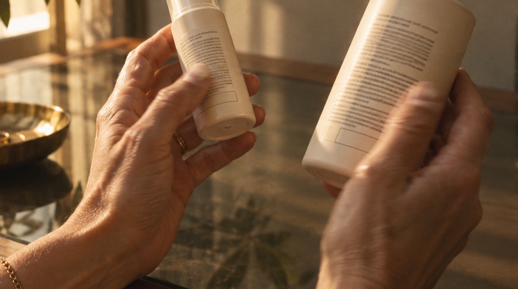 Hands reading the back labels of two plain lotion bottles above smoked glass