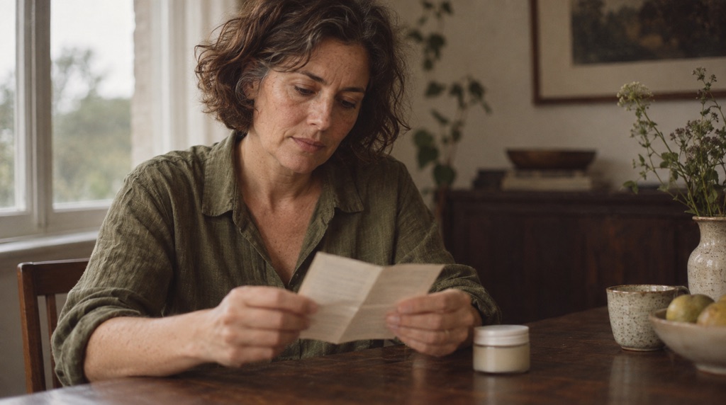A woman in an olive shirt reads a cream leaflet beside an unbranded moisturiser jar