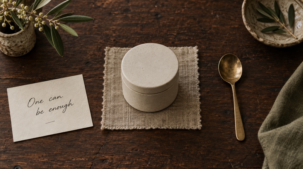 A closed ceramic jar on walnut beside a handwritten One can be enough card