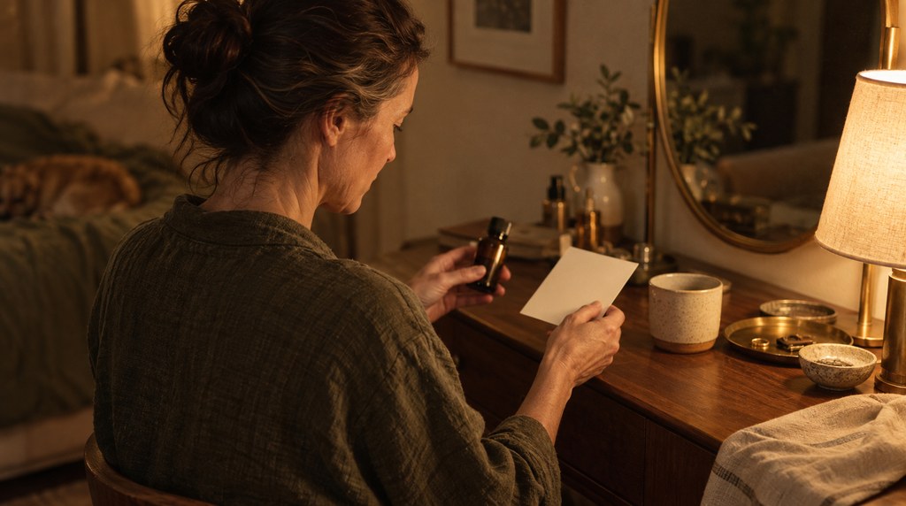 Woman planning an evening skincare routine with a bottle and blank card