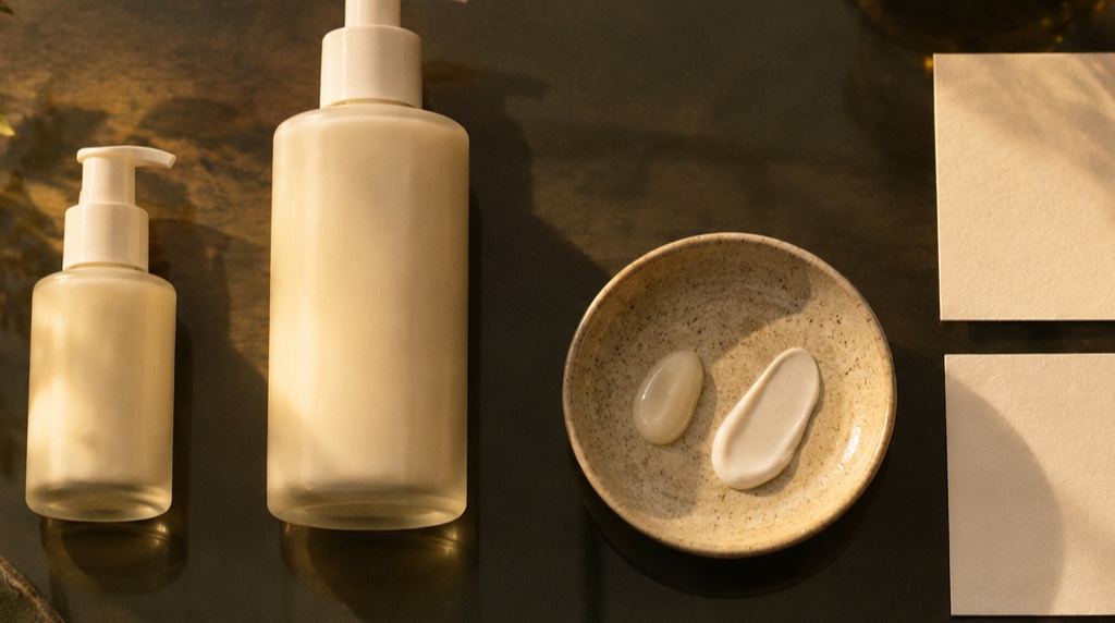 Two unbranded lotion pumps and two lotion textures arranged as a split comparison