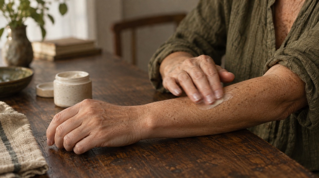 Hands apply a small amount of cream along the opposite forearm above a walnut table