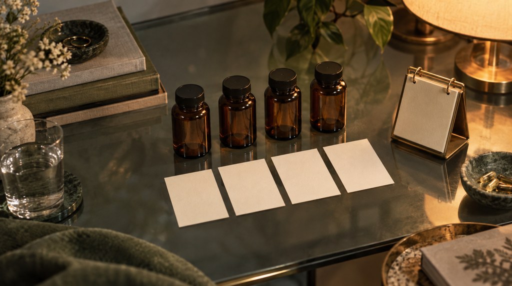 Four amber bottles and blank cards arranged as a gradual sequence