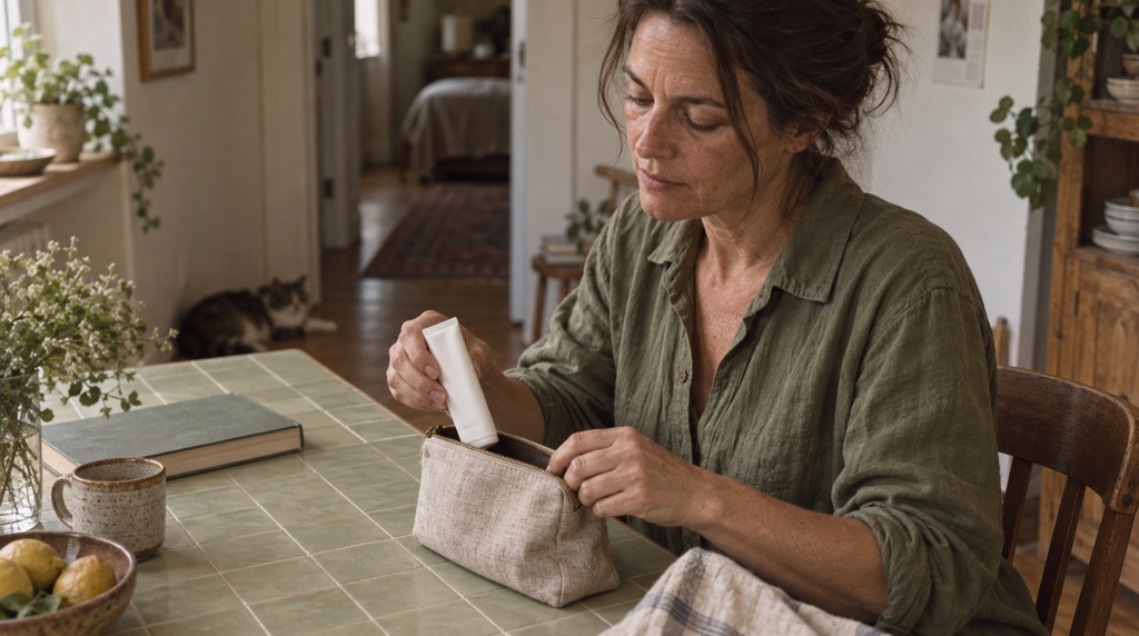 Woman placing an unbranded white moisturiser tube into a linen pouch at a tiled table