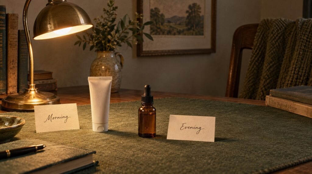 An unbranded cream tube and amber bottle beside Morning and Evening cards under a reading lamp