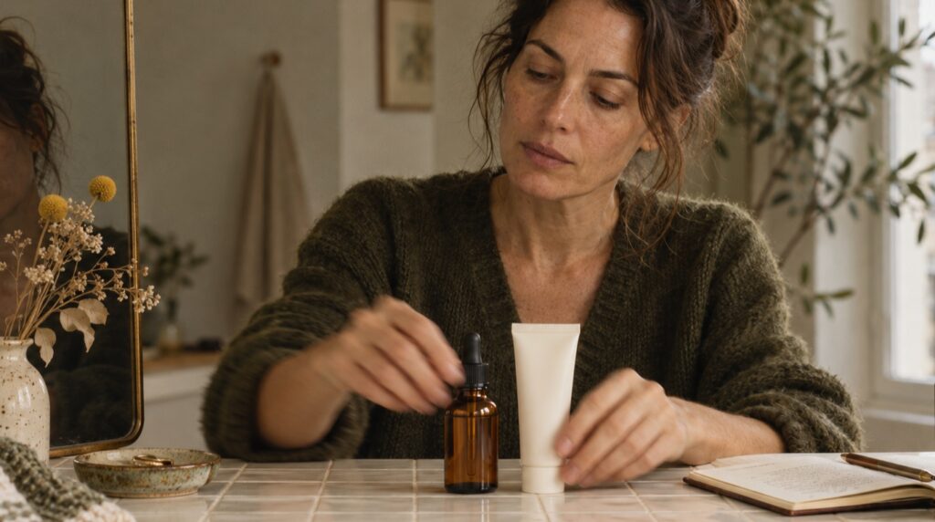 Woman comparing two skincare active cards beside a serum bottle and tube in overcast window light
