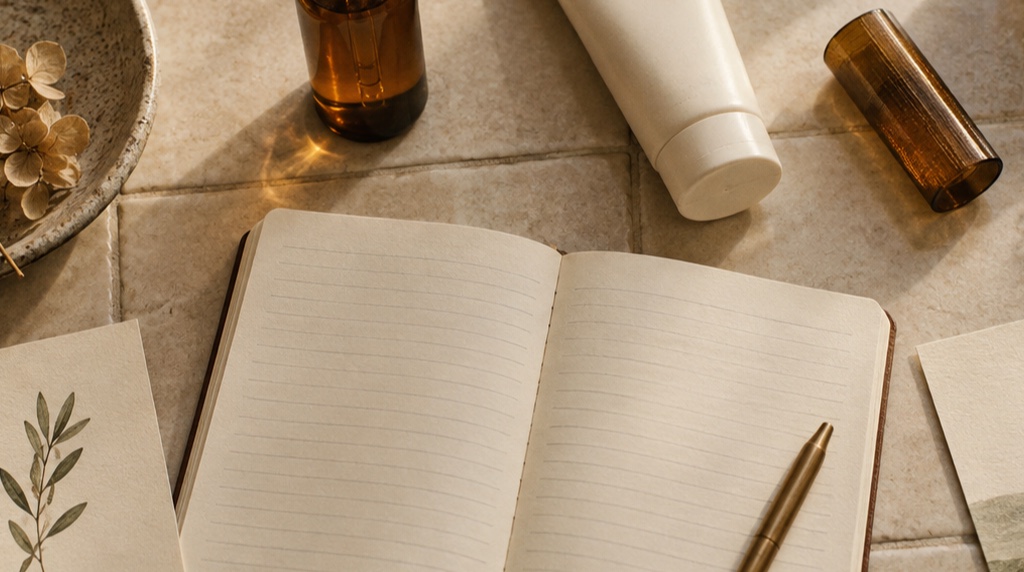 Amber serum bottle and white skincare tube arranged beside a blank routine notebook