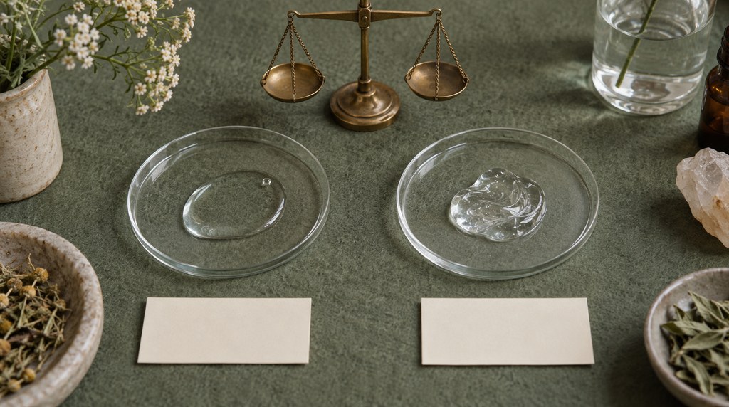 Two clear skincare textures arranged on glass plates for comparison