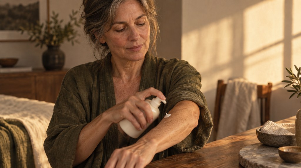Woman applying a plain moisturizer to her forearm in warm window light