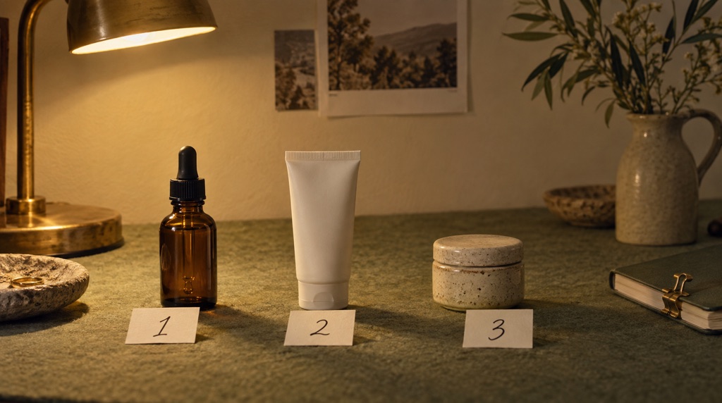 An amber bottle, cream tube and ceramic jar arranged behind cards numbered one, two and three