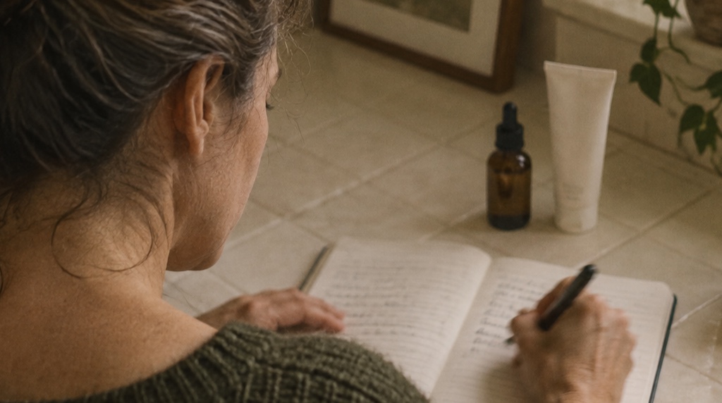 Woman writing a simple morning and evening skincare plan beside two products