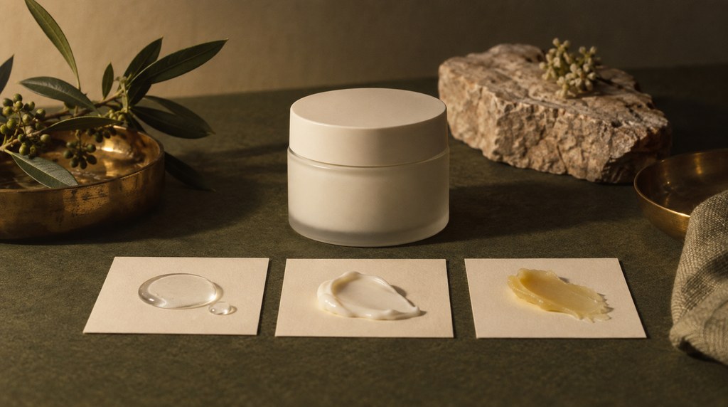 Moisturizer jar with water, cream and balm textures arranged as a formula system