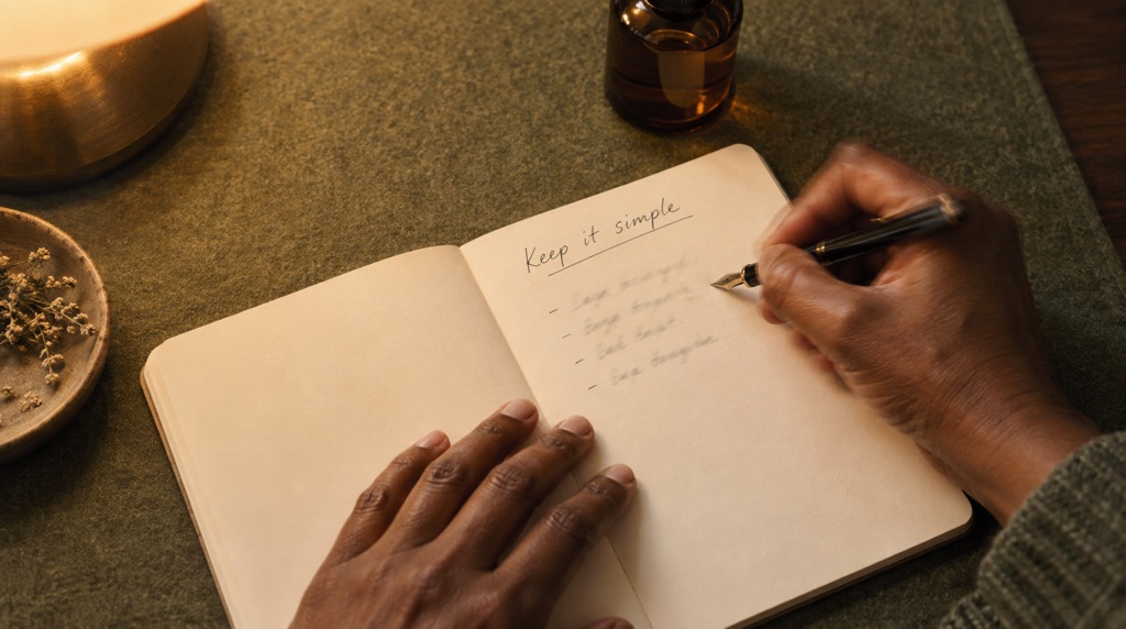Hands write in a notebook headed Keep it simple beside an amber bottle on sage felt