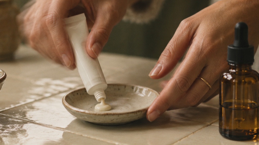 Hands dispensing a small amount from a plain tube beside an amber serum bottle