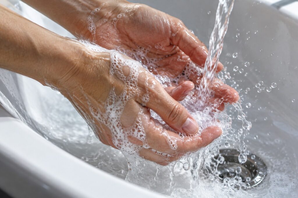 Water rinses light cleanser foam from two adult hands over a white sink.