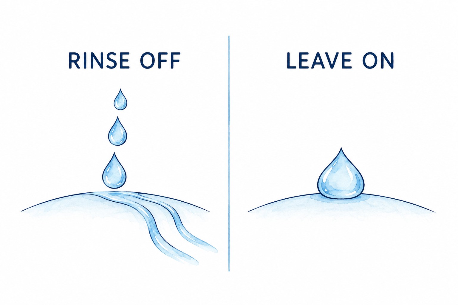 Blue-and-white illustration contrasts rinse-off droplets flowing away with a single leave-on drop resting on a surface.