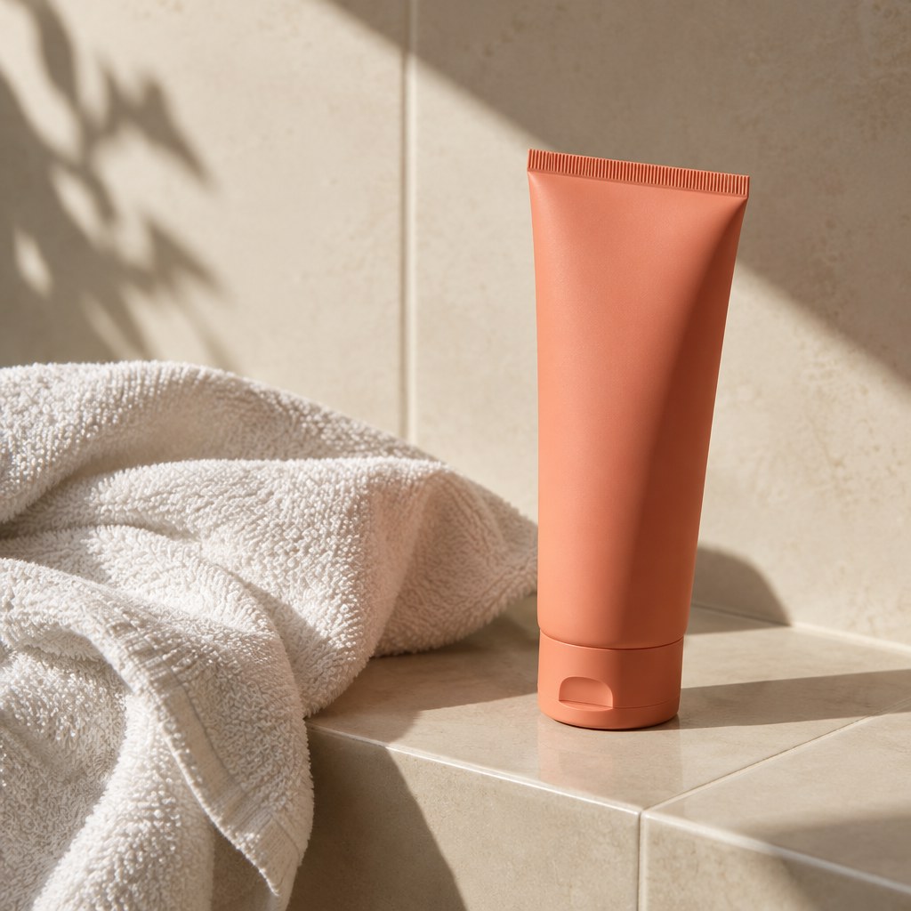 A plain coral lotion tube beside a folded cotton towel on an ivory tiled shelf.