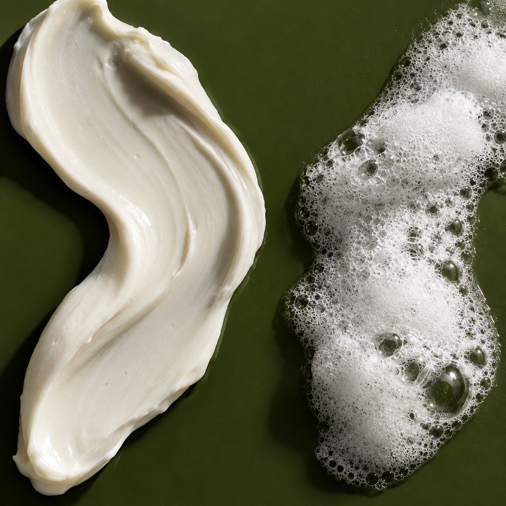 A smooth white cream ribbon and airy cleansing foam on an olive-green surface.